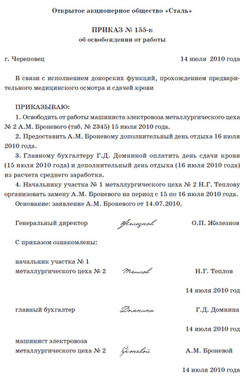 Приказ о предоставлении дополнительных дней отдыха за сдачу крови образец